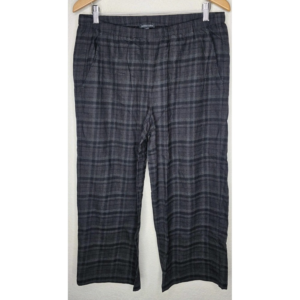 Eileen Fisher Women S Charcoal Windowpane Plaid Ankle Pant Tapered Wool Blend